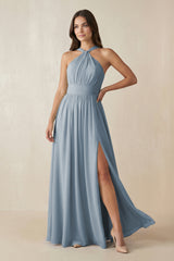 Dusty Blue Halter Neck Ruched A-Line Chiffon Bridesmaid Dress | KISSBRIDAL