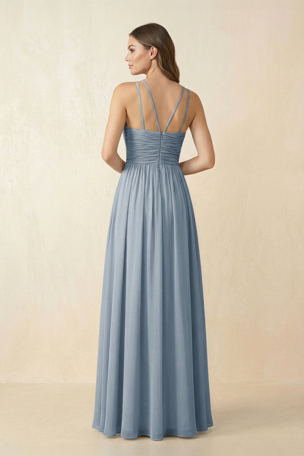 Halter Pleated A-Line Chiffon Bridesmaid Dress in Dusty Blue