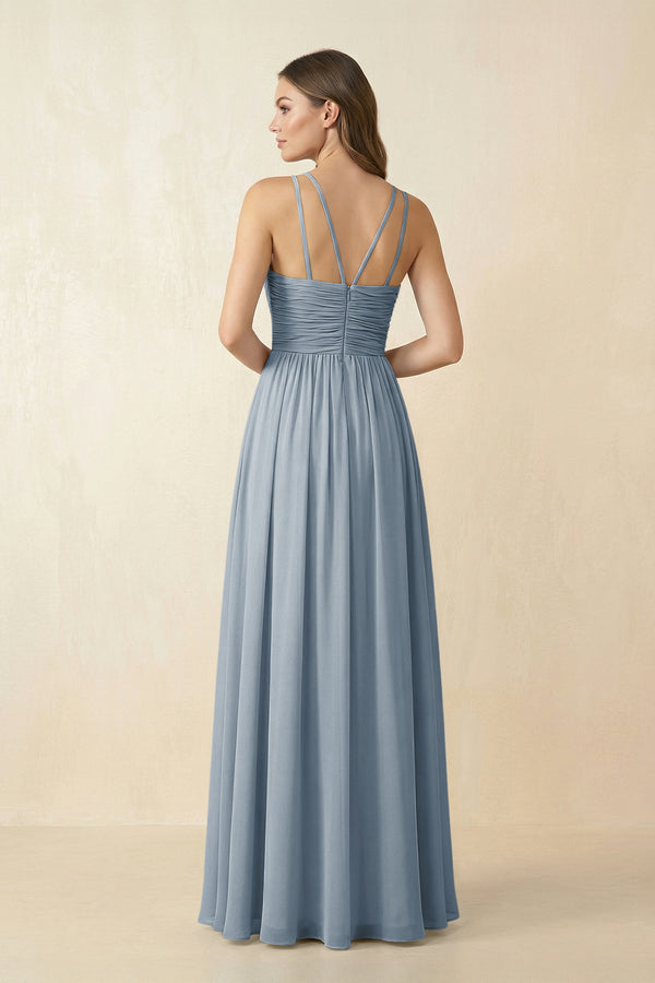 Dusty Blue Halter Pleated A-Line Chiffon Bridesmaid Dress (2) | KISSBRIDAL