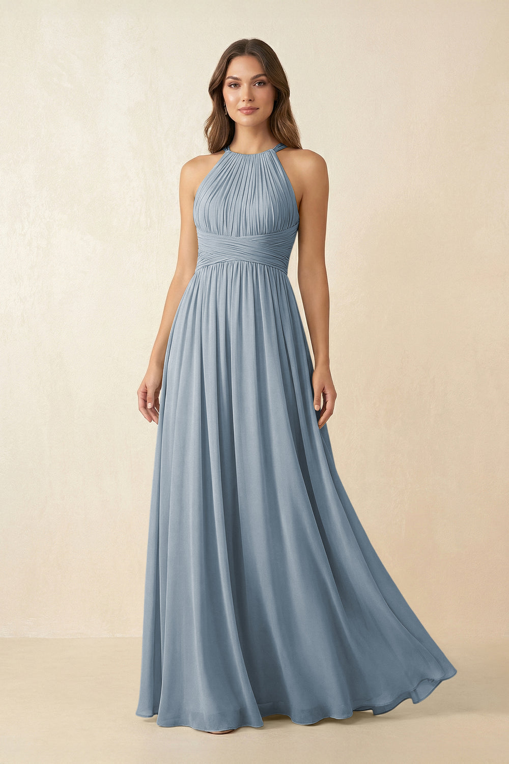 Halter Pleated A-Line Chiffon Bridesmaid Dress in Dusty Blue