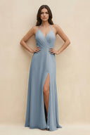 Dusty Blue Halter Sheath Long Chiffon Bridesmaid Dress | KISSBRIDAL