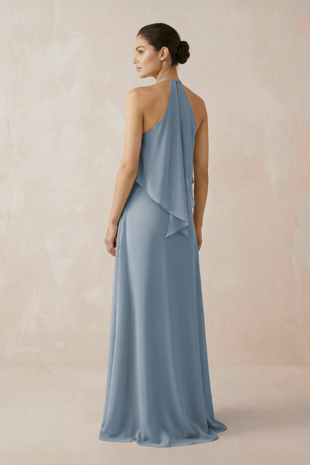 Halter Sheath Ruffled Chiffon Bridesmaid Dress in Dusty Blue