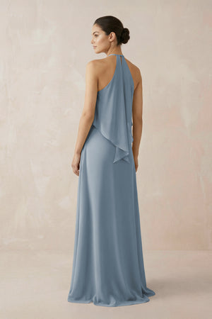 Dusty Blue Halter Sheath Ruffled Chiffon Bridesmaid Dress (2) | KISSBRIDAL