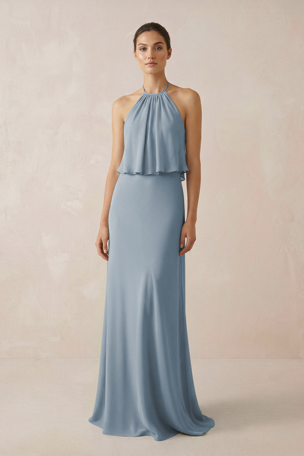 Halter Sheath Ruffled Chiffon Bridesmaid Dress in Dusty Blue