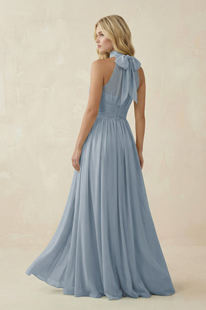 Dusty Blue Illusion Halter A-Line Chiffon Bridesmaid Gown (2) | KISSBRIDAL