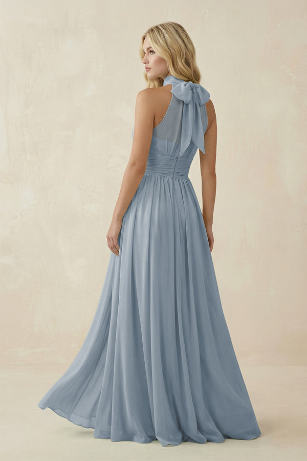 Dusty Blue Illusion Halter A-Line Chiffon Bridesmaid Gown (2) | KISSBRIDAL