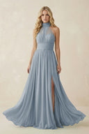 Dusty Blue Illusion Halter A-Line Chiffon Bridesmaid Gown | KISSBRIDAL