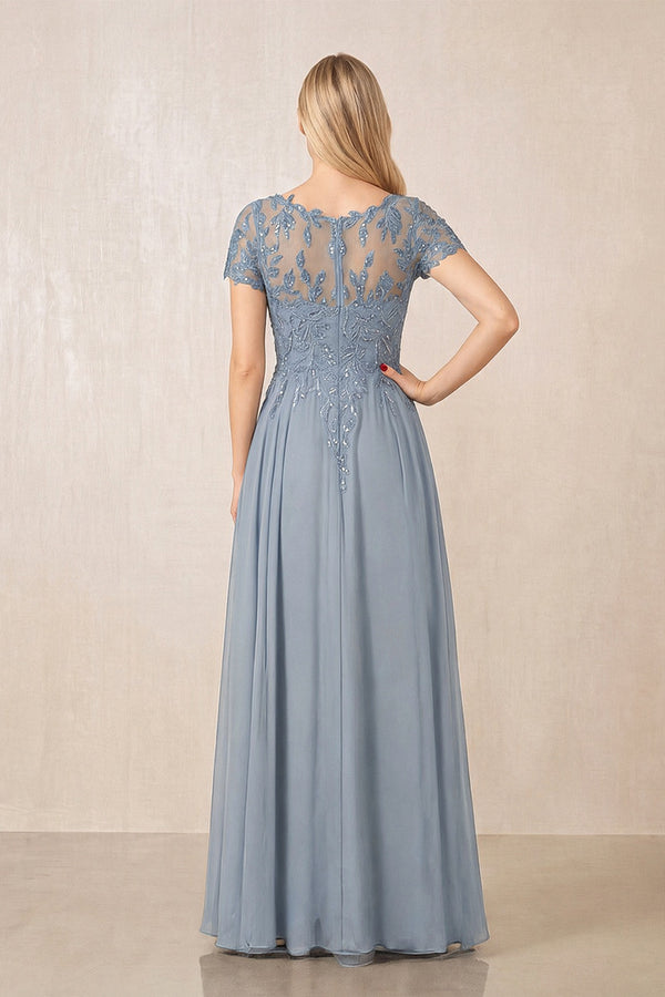 Dusty Blue Illusion Neck A-Line Chiffon Cap Sleeves Mother of the Bride Dress (2) | KISSBRIDAL