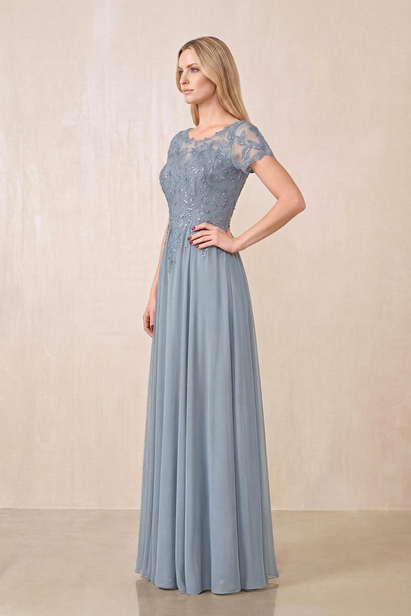 Dusty Blue Illusion Neck A-Line Chiffon Cap Sleeves Mother of the Bride Dress (3) | KISSBRIDAL