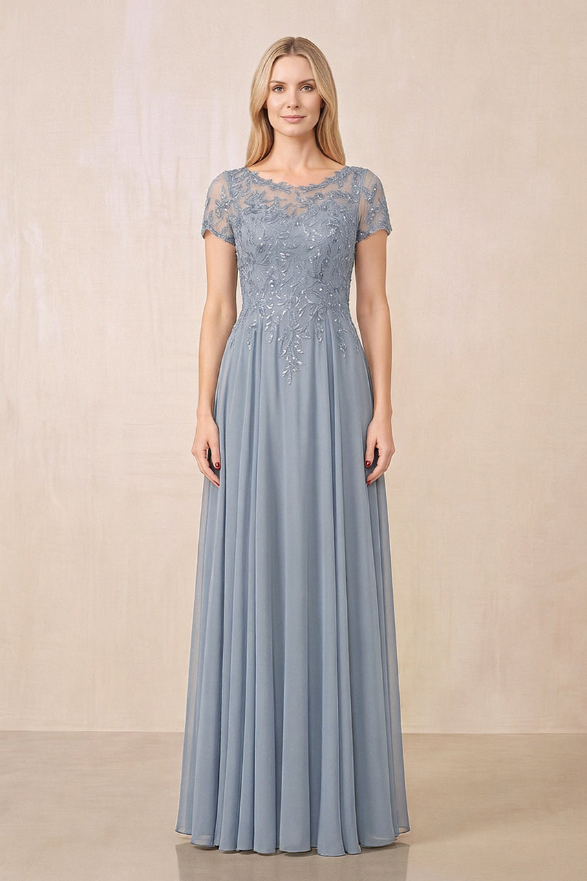 Dusty Blue Illusion Neck A-Line Chiffon Cap Sleeves Mother of the Bride Dress