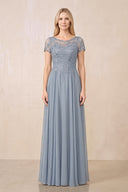 Dusty Blue Illusion Neck A-Line Chiffon Cap Sleeves Mother of the Bride Dress | KISSBRIDAL