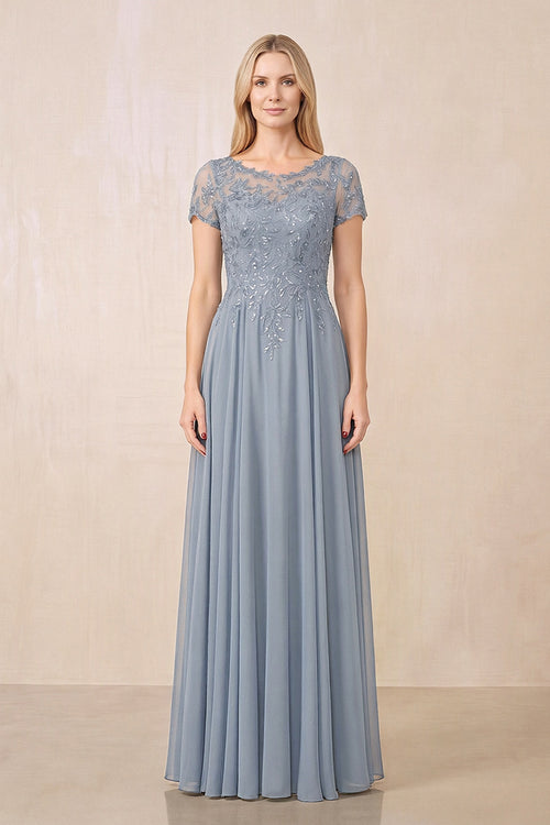 Dusty Blue Illusion Neck A-Line Chiffon Cap Sleeves Mother of the Bride Dress | KISSBRIDAL