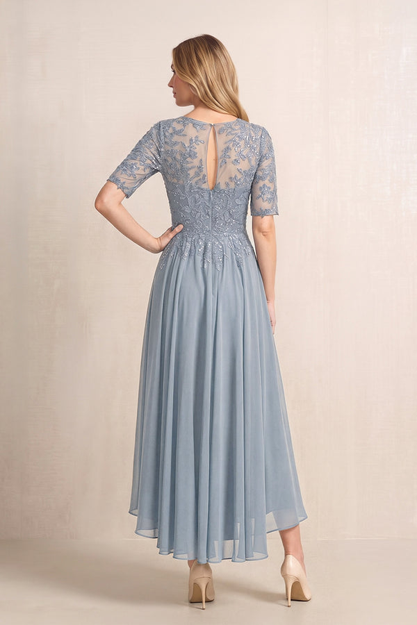 Dusty Blue Illusion Neck A-Line Chiffon Lace Midi Mother of the Bride Dress with Half Sleeves (2) | KISSBRIDAL