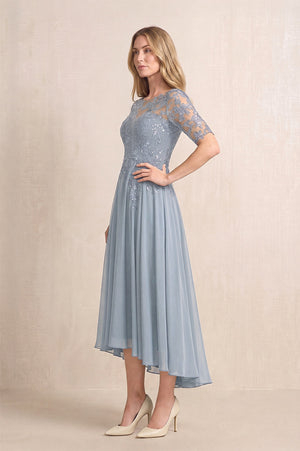 Dusty Blue Illusion Neck A-Line Chiffon Lace Midi Mother of the Bride Dress with Half Sleeves (3) | KISSBRIDAL