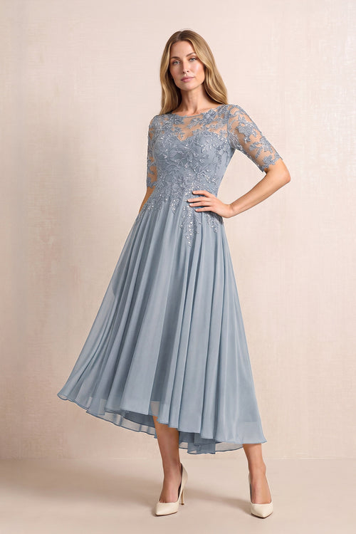 Dusty Blue Illusion Neck A-Line Chiffon Lace Midi Mother of the Bride Dress with Half Sleeves | KISSBRIDAL