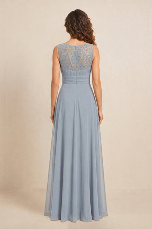 Dusty Blue Illusion Neck A-Line Satin Embroidered Pleated Mother of the Bride Dress (2) | KISSBRIDAL