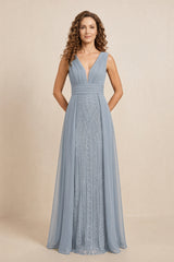 Dusty Blue Illusion Neck A-Line Satin Embroidered Pleated Mother of the Bride Dress | KISSBRIDAL