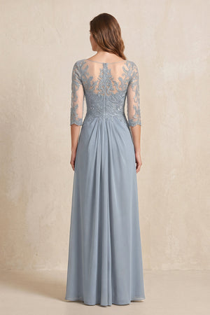Dusty Blue Illusion Neck Sheath Embroidered Chiffon Mother of the Bride Dress with Half Sleeves (2) | KISSBRIDAL