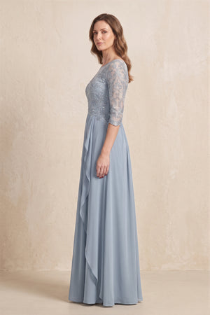Dusty Blue Illusion Neck Sheath Embroidered Chiffon Mother of the Bride Dress with Half Sleeves (3) | KISSBRIDAL