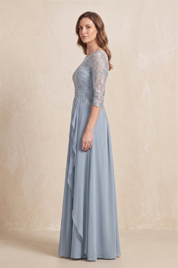 Dusty Blue Illusion Neck Sheath Embroidered Chiffon Mother of the Bride Dress with Half Sleeves (3) | KISSBRIDAL