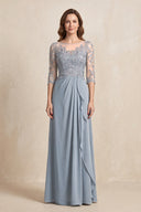 Dusty Blue Illusion Neck Sheath Embroidered Chiffon Mother of the Bride Dress with Half Sleeves | KISSBRIDAL