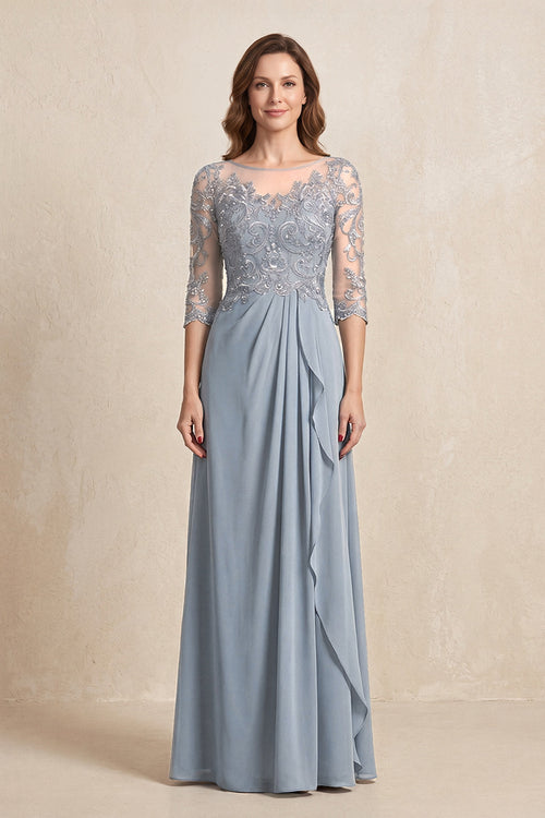 Dusty Blue Illusion Neck Sheath Embroidered Chiffon Mother of the Bride Dress with Half Sleeves | KISSBRIDAL