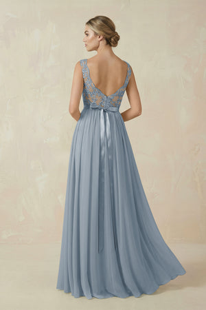 Dusty Blue Lace A-Line Bateau Neck Chiffon Long Bridesmaid Dress (2) | KISSBRIDAL
