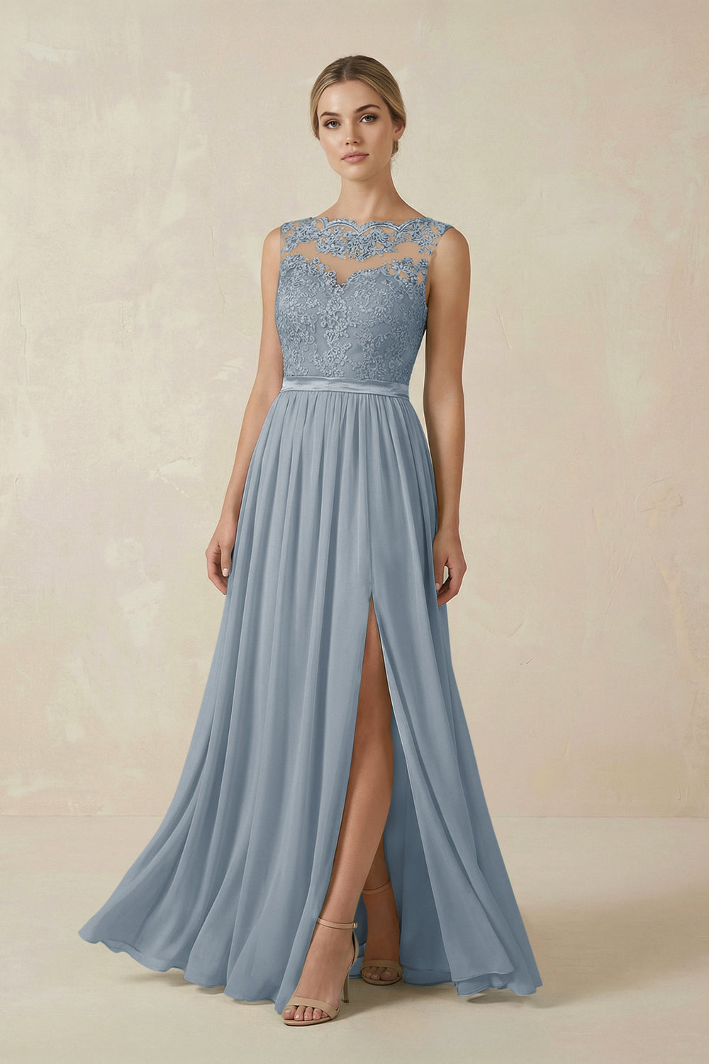 Lace A-Line Bateau Neck Chiffon Long Bridesmaid Dress in Dusty Blue