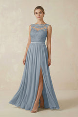 Dusty Blue Lace A-Line Bateau Neck Chiffon Long Bridesmaid Dress | KISSBRIDAL