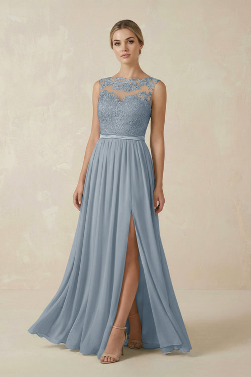 Dusty Blue Lace A-Line Bateau Neck Chiffon Long Bridesmaid Dress | KISSBRIDAL
