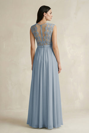 Dusty Blue Lace Chiffon A-Line Round Neck Bridesmaid Dress (2) | KISSBRIDAL