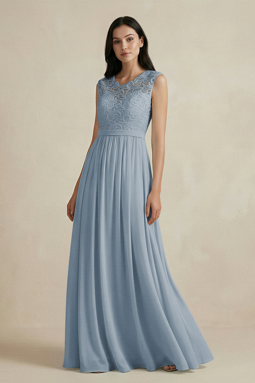 Lace Chiffon A-Line Round Neck Bridesmaid Dress in Dusty Blue