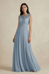 Dusty Blue Lace Chiffon A-Line Round Neck Bridesmaid Dress | KISSBRIDAL