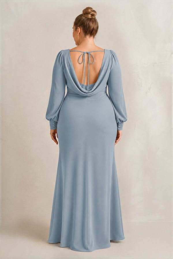 Dusty Blue Long Sleeve V-Neck Sheath Chiffon Bridesmaid Dress (2) [sizeplus] | KISSBRIDAL