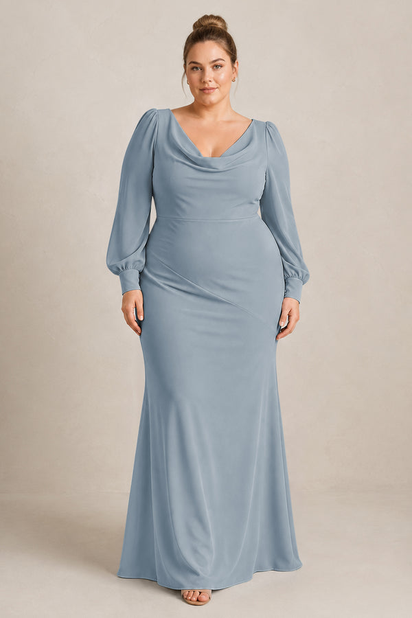 Dusty Blue Long Sleeve V-Neck Sheath Chiffon Bridesmaid Dress [sizeplus] | KISSBRIDAL