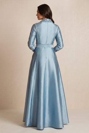 Dusty Blue Long Sleeves Satin A-Line Mother of the Bride Dress (2) | KISSBRIDAL