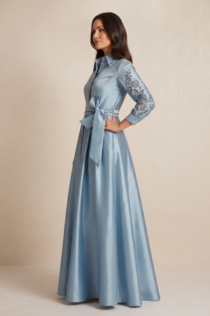 Dusty Blue Long Sleeves Satin A-Line Mother of the Bride Dress (3) | KISSBRIDAL