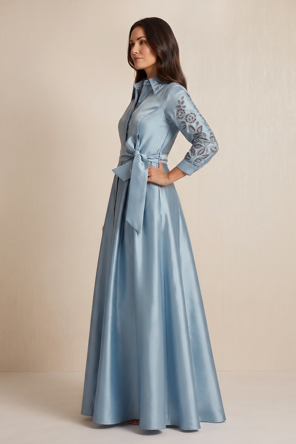 Dusty Blue Long Sleeves Satin A-Line Mother of the Bride Dress (3) | KISSBRIDAL