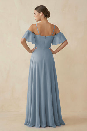 Dusty Blue Off-the-Shoulder A-Line Chiffon Bridesmaid Dress (2) | KISSBRIDAL