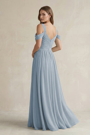 Dusty Blue Off-the-Shoulder A-Line Chiffon Bridesmaid Dress With Slit (2) | KISSBRIDAL