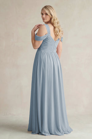 Dusty Blue Off-the-Shoulder A-Line Chiffon Bridesmaid Dress With Slit (2) | KISSBRIDAL