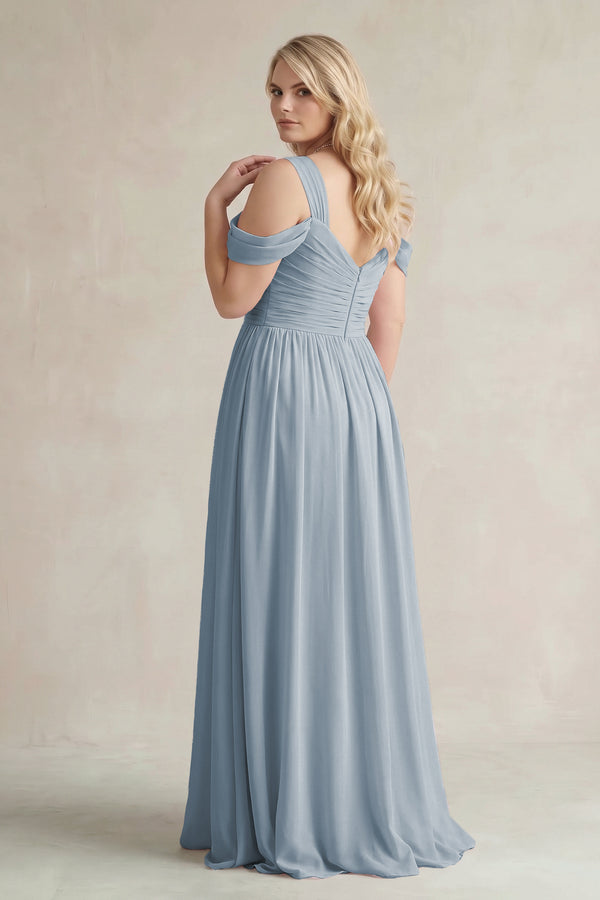 Dusty Blue Off-the-Shoulder A-Line Chiffon Bridesmaid Dress With Slit (2) | KISSBRIDAL