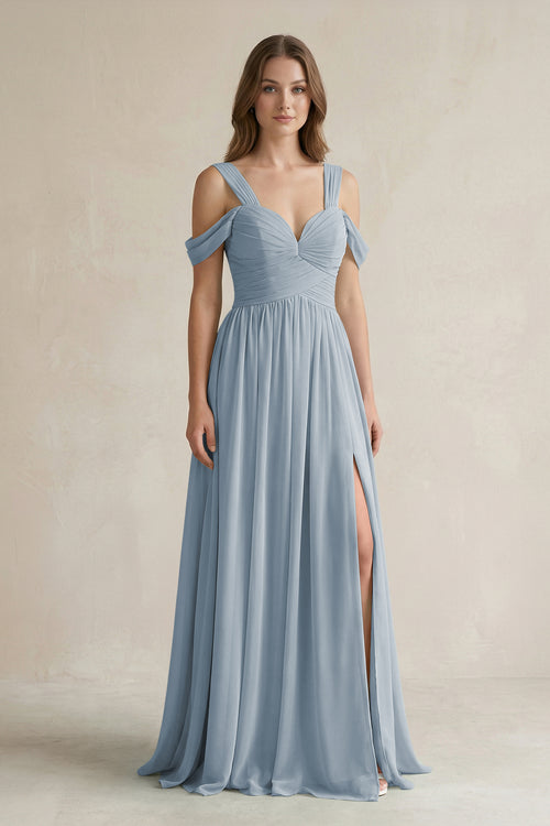 Dusty Blue Off-the-Shoulder A-Line Chiffon Bridesmaid Dress With Slit | KISSBRIDAL