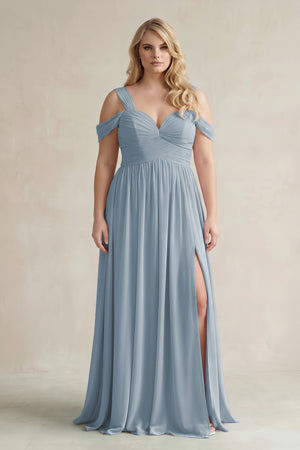 Dusty Blue Off-the-Shoulder A-Line Chiffon Bridesmaid Dress With Slit | KISSBRIDAL