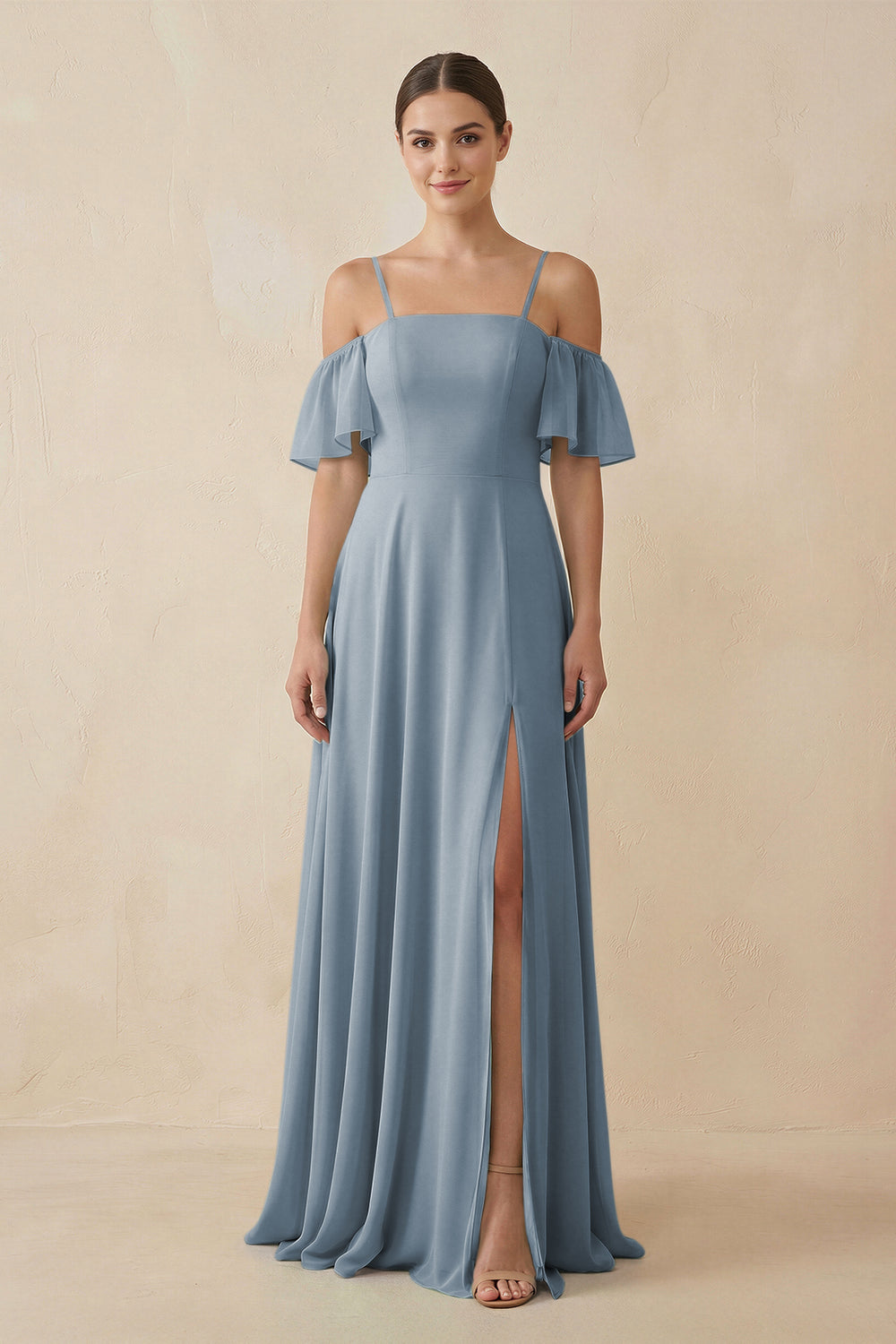 Off-the-Shoulder A-Line Chiffon Bridesmaid Dress in Dusty Blue