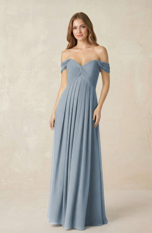 Dusty Blue Off-the-Shoulder A-Line Chiffon Pleated Bridesmaid Dress | KISSBRIDAL