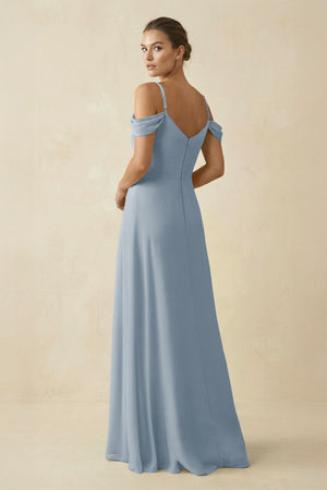 Dusty Blue Off-the-Shoulder A-Line Pleated Chiffon Bridesmaid Gown (2) | KISSBRIDAL