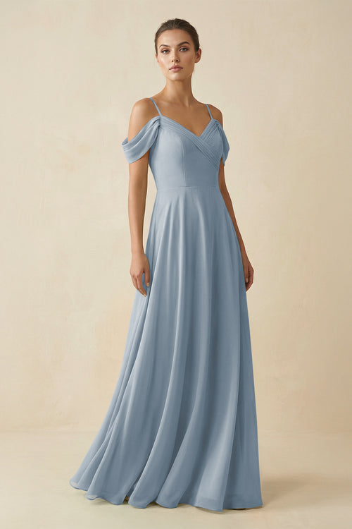 Dusty Blue Off-the-Shoulder A-Line Pleated Chiffon Bridesmaid Gown | KISSBRIDAL