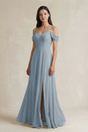 Dusty Blue Off-the-Shoulder Chiffon A-Line Bridesmaid Dress | KISSBRIDAL