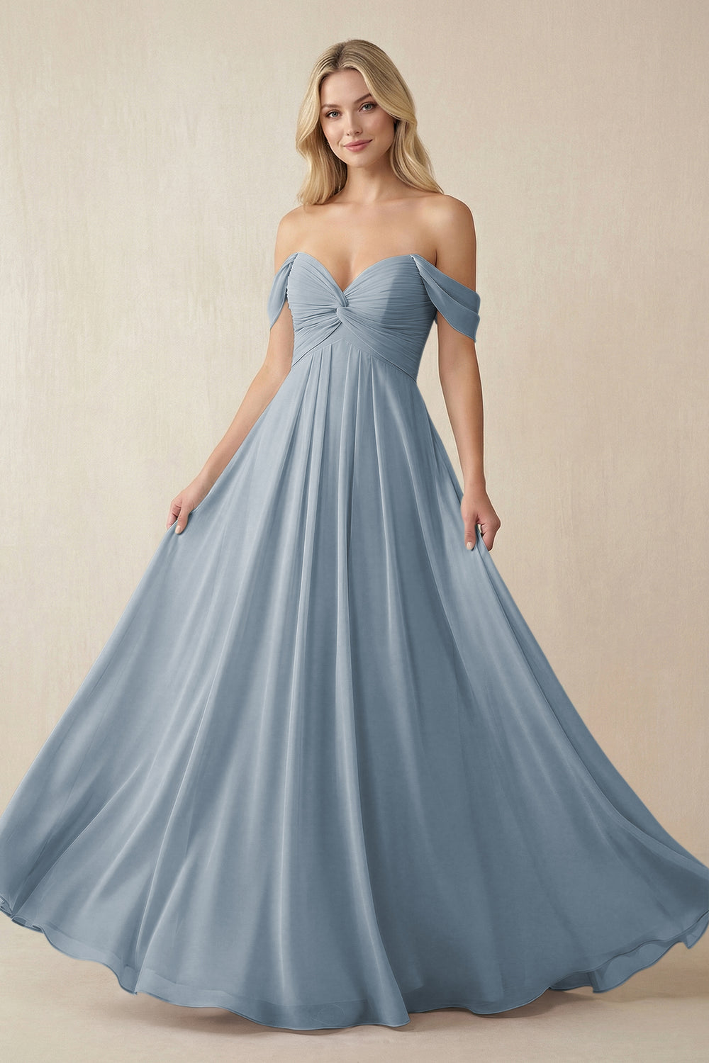 Off-the-Shoulder Chiffon A-Line Long Bridesmaid Dress in Dusty Blue